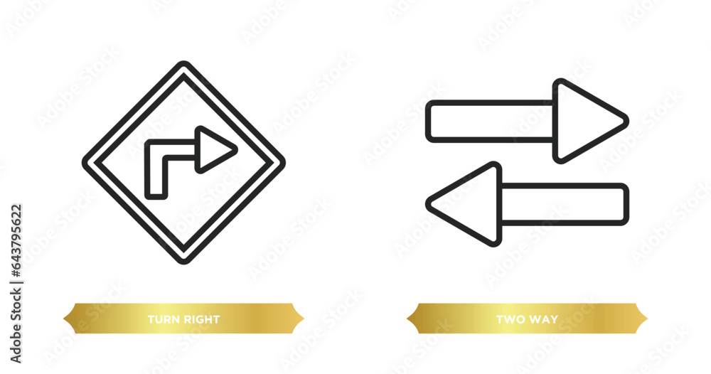 Poster two editable outline icons from alert concept. thin line icons such as turn right, two way vector.