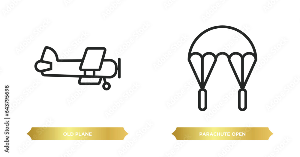 Poster two editable outline icons from airport terminal concept. thin line icons such as old plane, parachu