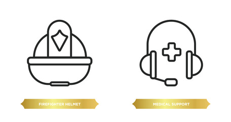 two editable outline icons from alert concept. thin line icons such as firefighter helmet, medical support vector.