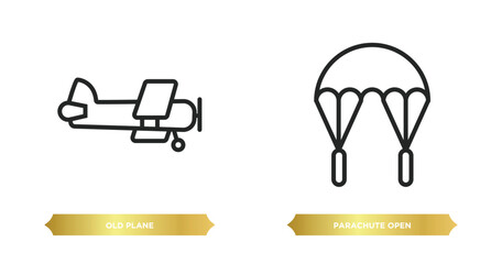 two editable outline icons from airport terminal concept. thin line icons such as old plane, parachute open vector.