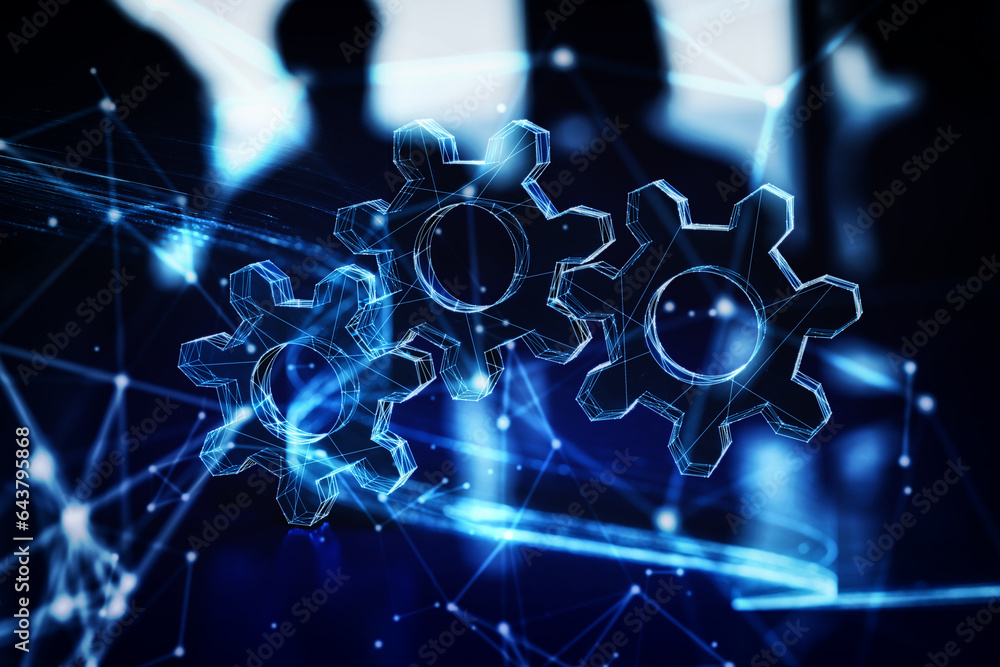 Poster illuminated wireframe of three gears on dark blue background. 3d rendering