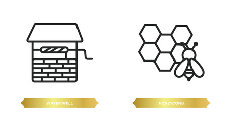 two editable outline icons from agriculture farming concept. thin line icons such as water well, honeycomb vector.