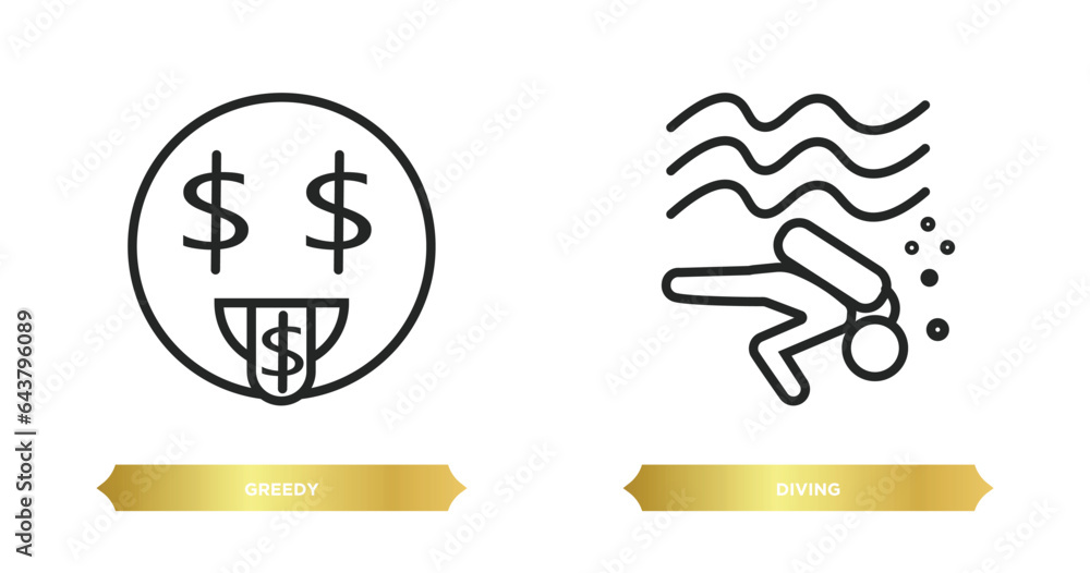 Poster two editable outline icons from activity and hobbies concept. thin line icons such as greedy, diving
