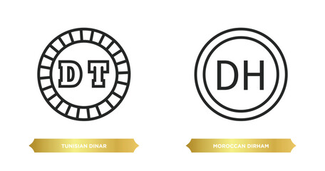 two editable outline icons from africa concept. thin line icons such as tunisian dinar, moroccan dirham vector.