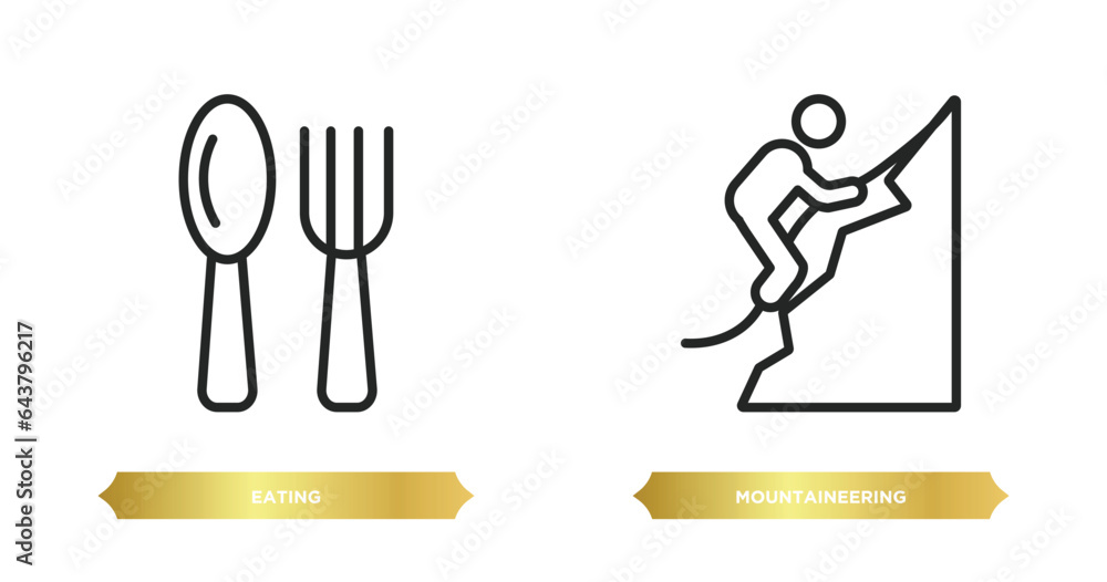Poster two editable outline icons from activity and hobbies concept. thin line icons such as eating, mounta