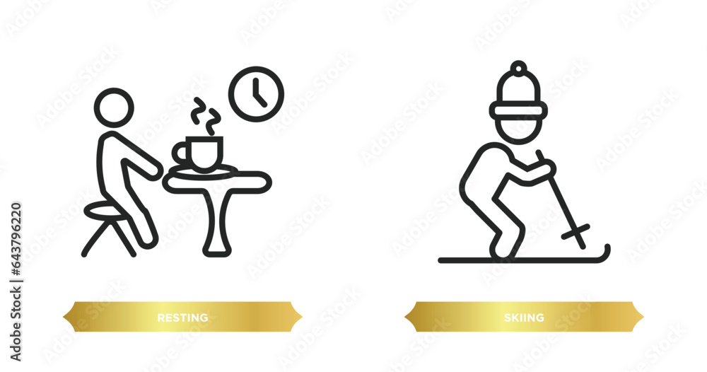 Poster two editable outline icons from activity and hobbies concept. thin line icons such as resting, skiin