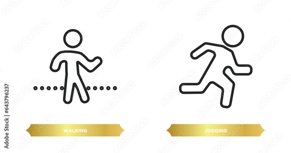 Poster two editable outline icons from activity and hobbies concept. thin line icons such as walking, joggi