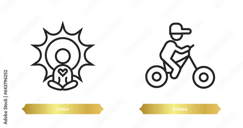 Poster two editable outline icons from activity and hobbies concept. thin line icons such as yoga, biking v