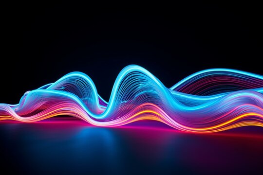 Vibrant 3D panorama of neon lines in abstract formation. Generative AI © Andromeda