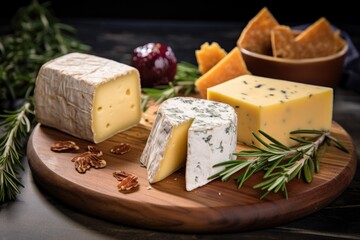 artisan cheese variety with rosemary garnish