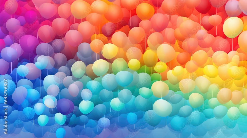 Poster a rainbow colored background with many balloons floating in the air. generative ai