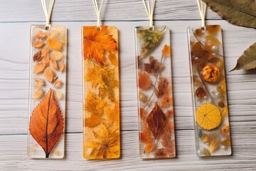 resin bookmarks with pressed autumn leaves - obrazy, fototapety, plakaty