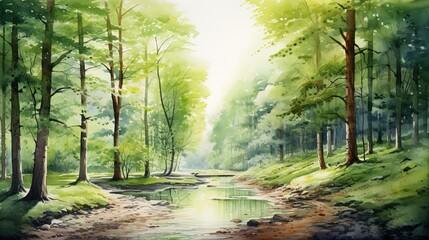 Watercolour illustration of a green forest landscape, artistic modern and simple background - obrazy, fototapety, plakaty