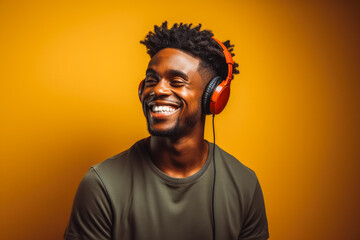 Obraz premium Happy millennial african american man listening to favorite audio music