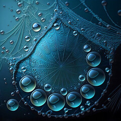 abstract background with drops, pearls in a crazy cobweb, surreal blue background with magic ornaments