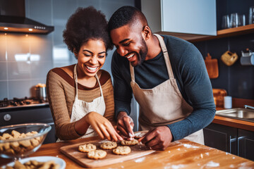 Happy black young couple making home-made cookies at the kitchen