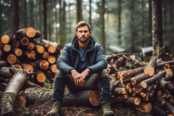 Tough manhood forester sitting on the felled tree in the wood, looking confident