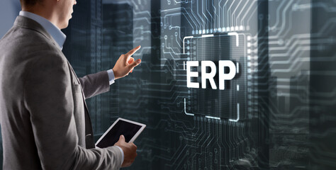Tapping on the inscription Enterprise Resource Planning ERP Corporate concept. Abstract background...