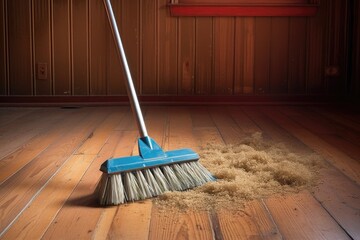 scrub brush sweeping dirt off wooden floor