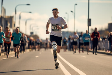 Athlete man with prosthetic leg participates in a marathon. Disabled athlete man with artificial leg. Paralympic Athlete. Generative AI