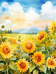 Fototapeta premium Watercolor illustration of sunflower field in autumn 