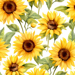 Seamless pattern of yellow watercolor sunflowers