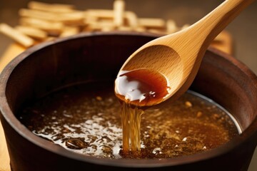 close-up of wooden spoon stirring steaming soup