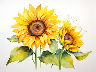 Watercolor illustration of yellow sunflowers isolated on white background