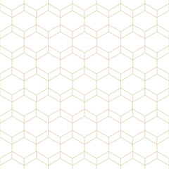 Vector golden minimalist seamless pattern. Simple abstract background with thin lines, hexagonal grid, net, mesh, lattice. Minimal white and gold texture. Modern graphic pattern. Subtle repeat design