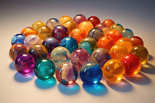 glass marbles organized by color gradient on a neutral background
