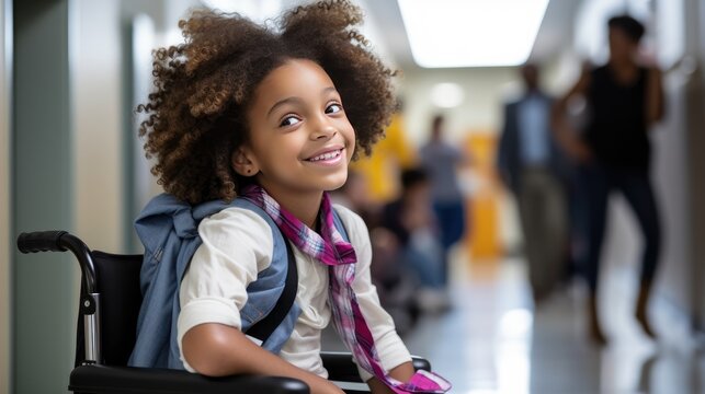 Photo captures the spirit of an African American elementary school student with a disability who is beaming with joy while sitting in a wheelchair in a school hallway.