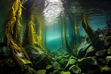 kelp forest with rocky ocean floor visible - obrazy, fototapety, plakaty