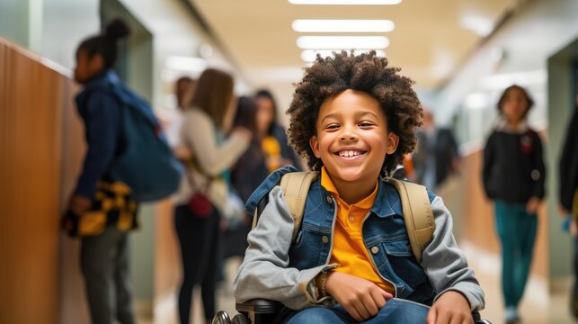 Photo captures the spirit of an African American elementary school student with a disability who is beaming with joy while sitting in a wheelchair in a school hallway.