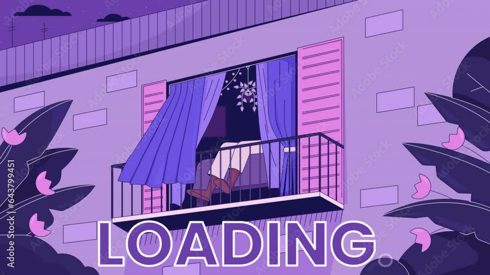 Poster relaxing on balcony line 2d loading animation. curtain open window breeze animated cartoon linear sc