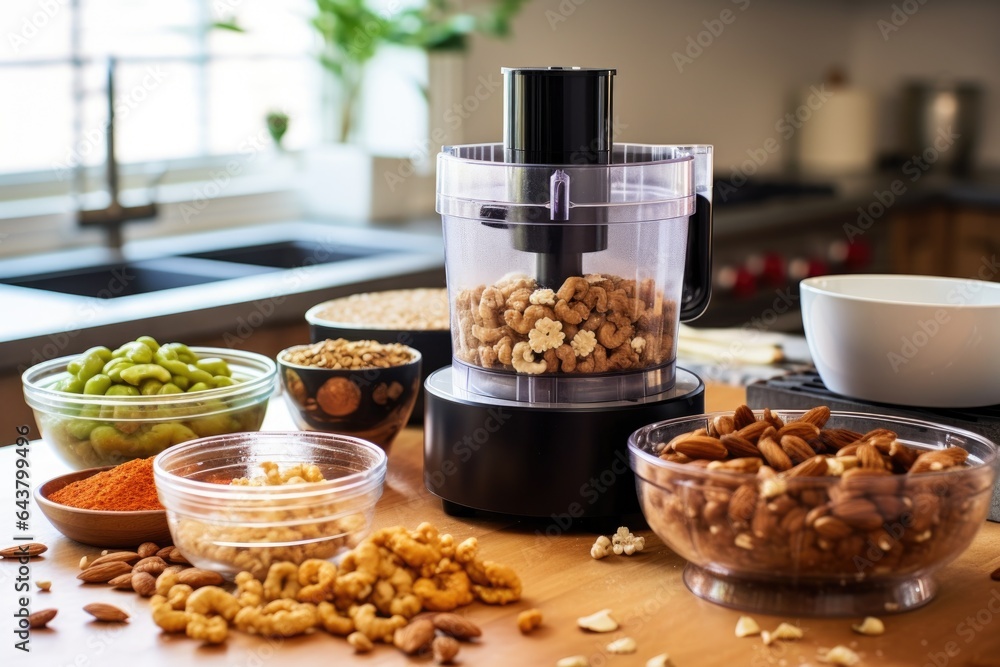 Wall mural chopping nuts in a food processor for baking