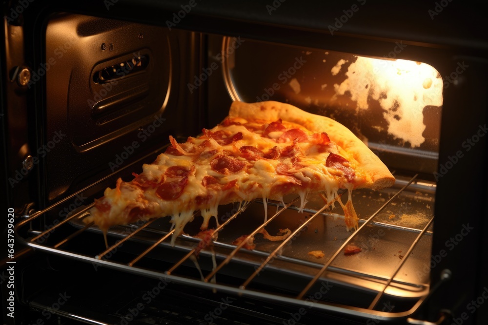 Sticker steaming hot pizza slice being pulled from toaster oven