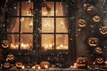Fototapeta na wymiar Happy Halloween background spooky scene, creepy dark night with jack o lantern pumpkins spooky ghosts horror gothic evil mysterious night haunted haloween house backdrop.