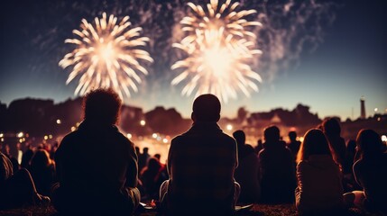 Silhouette of people watching fireworks on the background of the city. Festival Concept with Copy Space. - Powered by Adobe