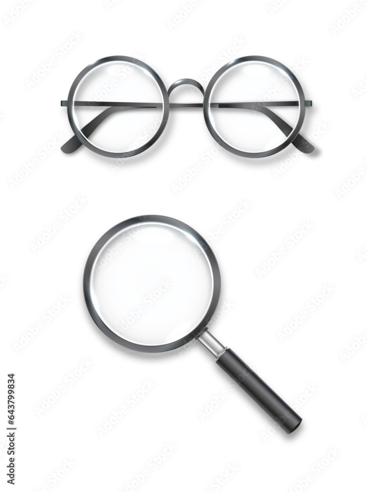 Wall mural spectacles and magnifier of a detective, adaptations for otic investigations of crimes. lens optics 