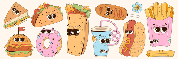 Retro groovy fast food characters  set. Trendy cartoon style 60s - 70s. Hamburger, burrito, taco, french fries, corn dog and more. Retro vector illustration in a modern way.