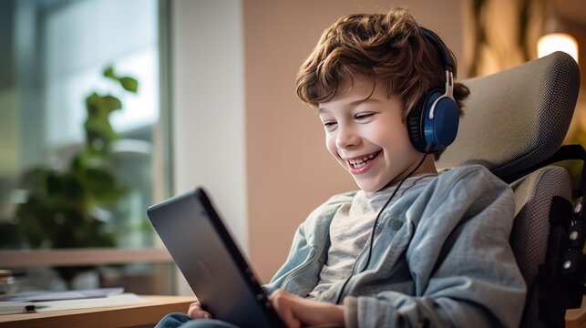 Photo captures the spirit of an African American elementary school student with a disability who is beaming with joy while sitting in a wheelchair in a school hallway.