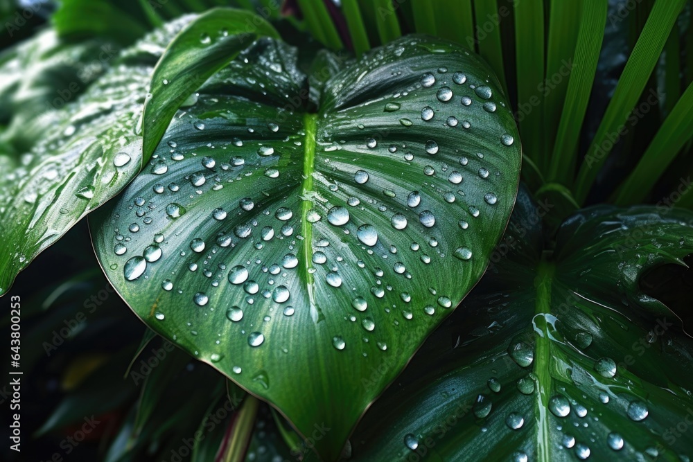 Poster water droplets on the leaves of a tropical houseplant