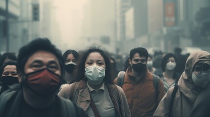 Asian highly polluted air city with crowd in protective masks in dense smog - obrazy, fototapety, plakaty