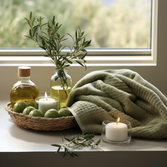 Fototapeta na wymiar Bathroom window and olive towel on a metal 