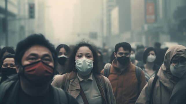 Asian highly polluted air city with crowd in protective masks in dense smog