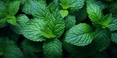 Close up of fresh mint leaves, natural green background