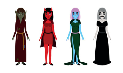 Halloween monster girls illustration. Cartoon illustration of people for Halloween. Girls in monster costumes.
