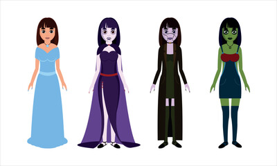 Halloween monster girls illustration. Cartoon illustration of people for Halloween. Girls in monster costumes.