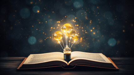 open_book_with_glowing_light_bulbs_ - obrazy, fototapety, plakaty
