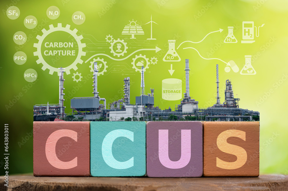 Wall mural ccus letters on timber. carbon capture, utilization and storage (ccus) concept and icon.